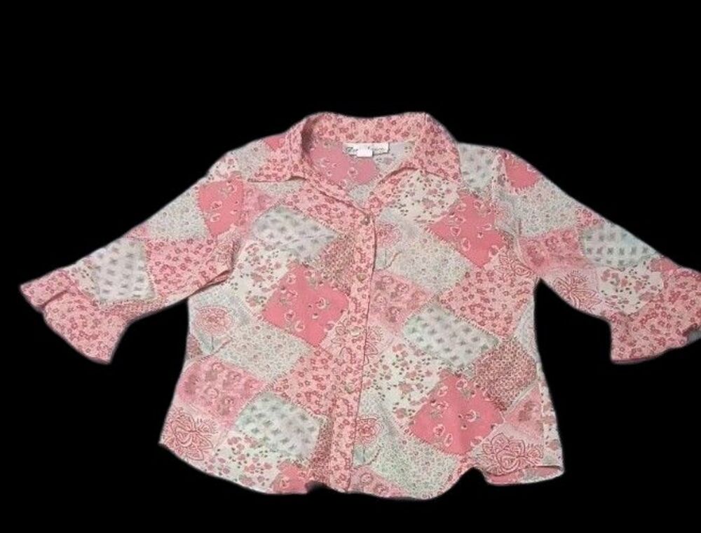 Gloria Lance 3/4 Ruffled Flare Sleeve Button Up Blouse Womens Size 1X Pink Peach